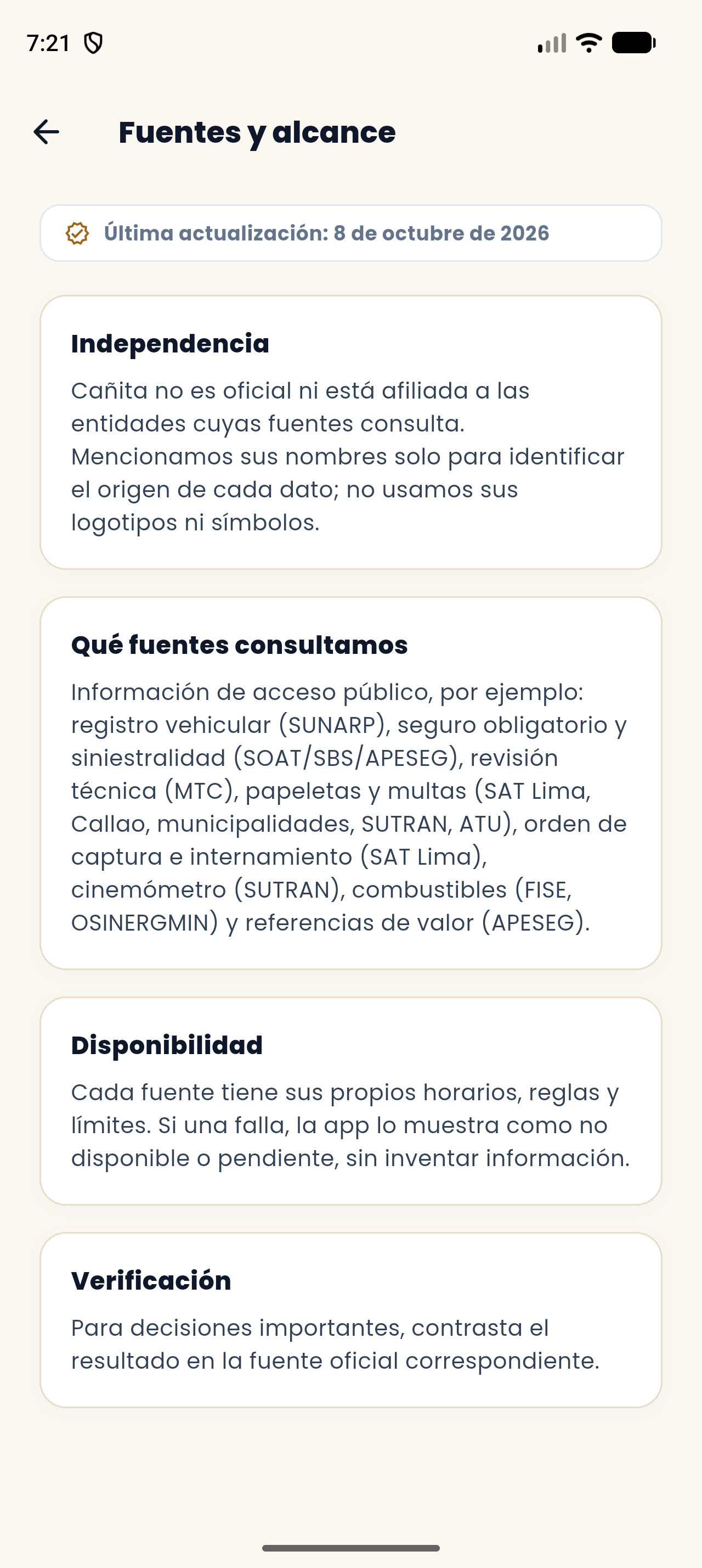 Pantalla real de Cañita sobre fuentes, independencia y disponibilidad.