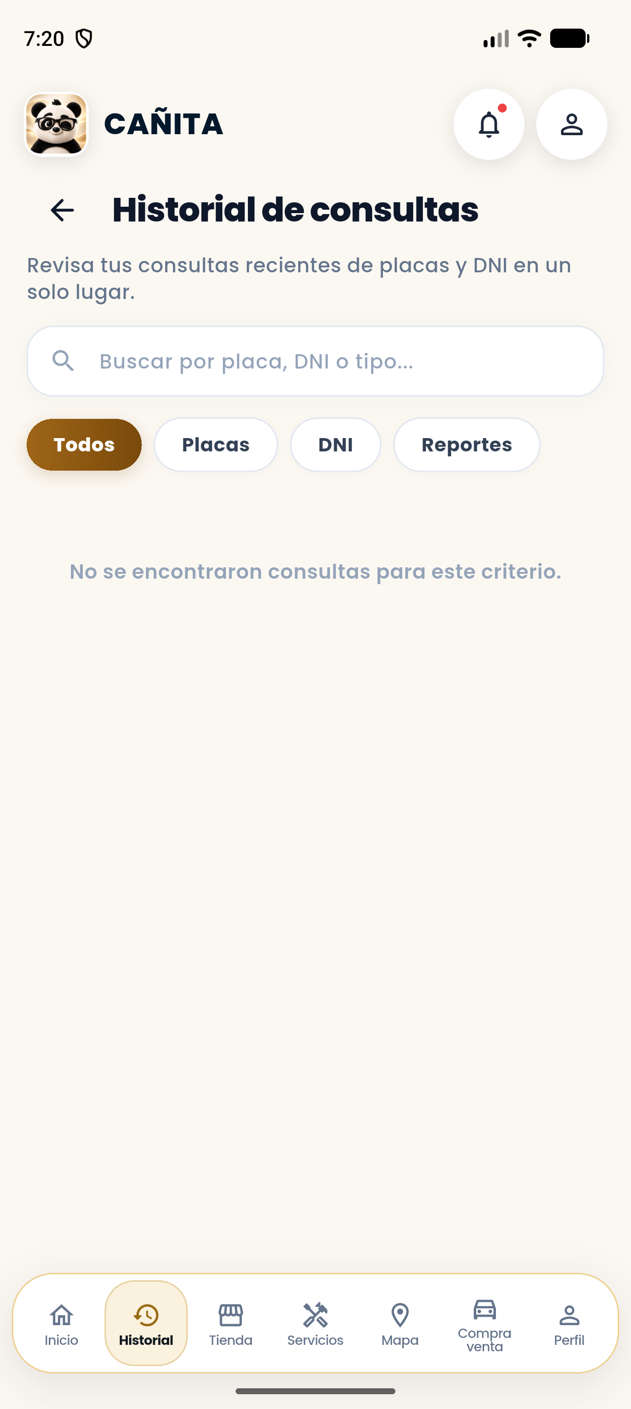 Historial real de Cañita con sus filtros de consultas.