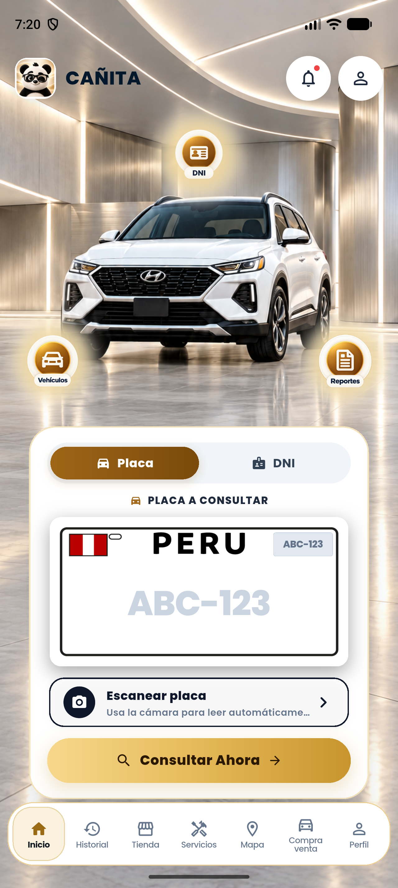 Pantalla real de inicio de Cañita, consulta vehicular por placa.