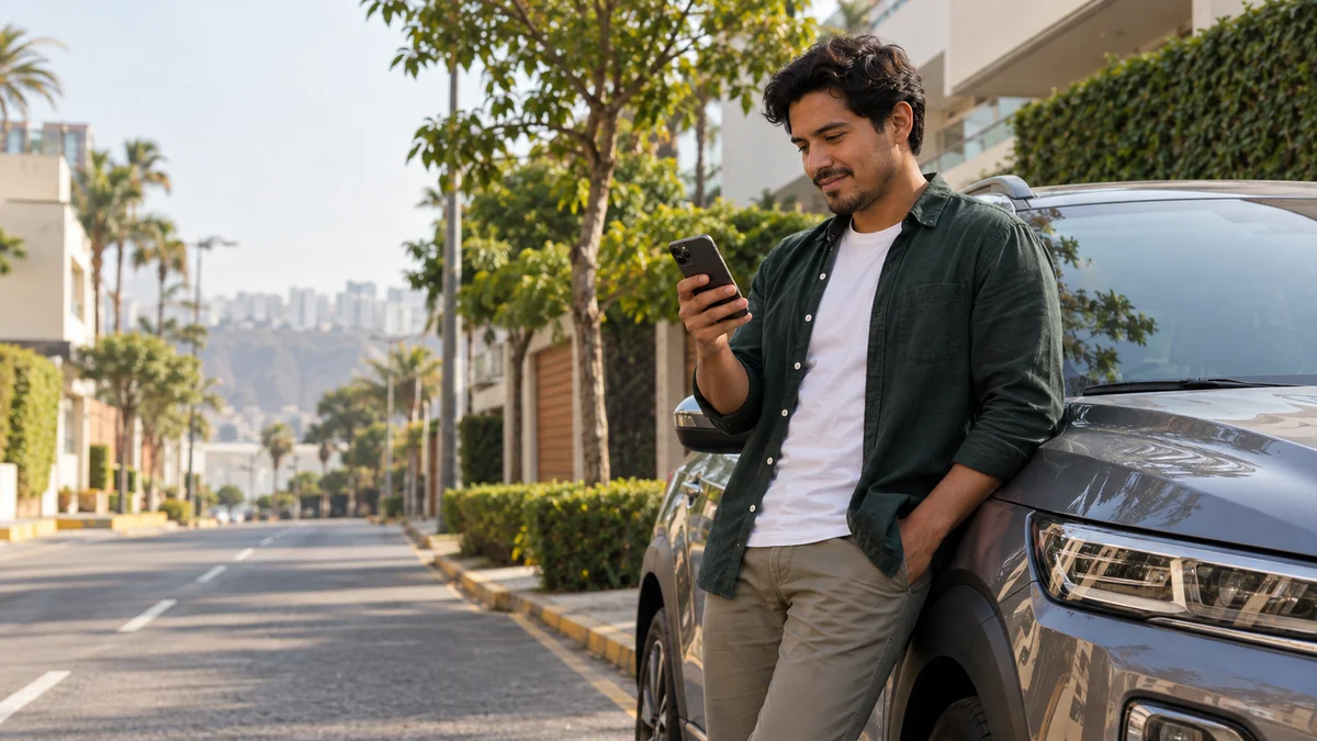 Escena conceptual de una persona usando un teléfono junto a un vehículo estacionado en Lima.
